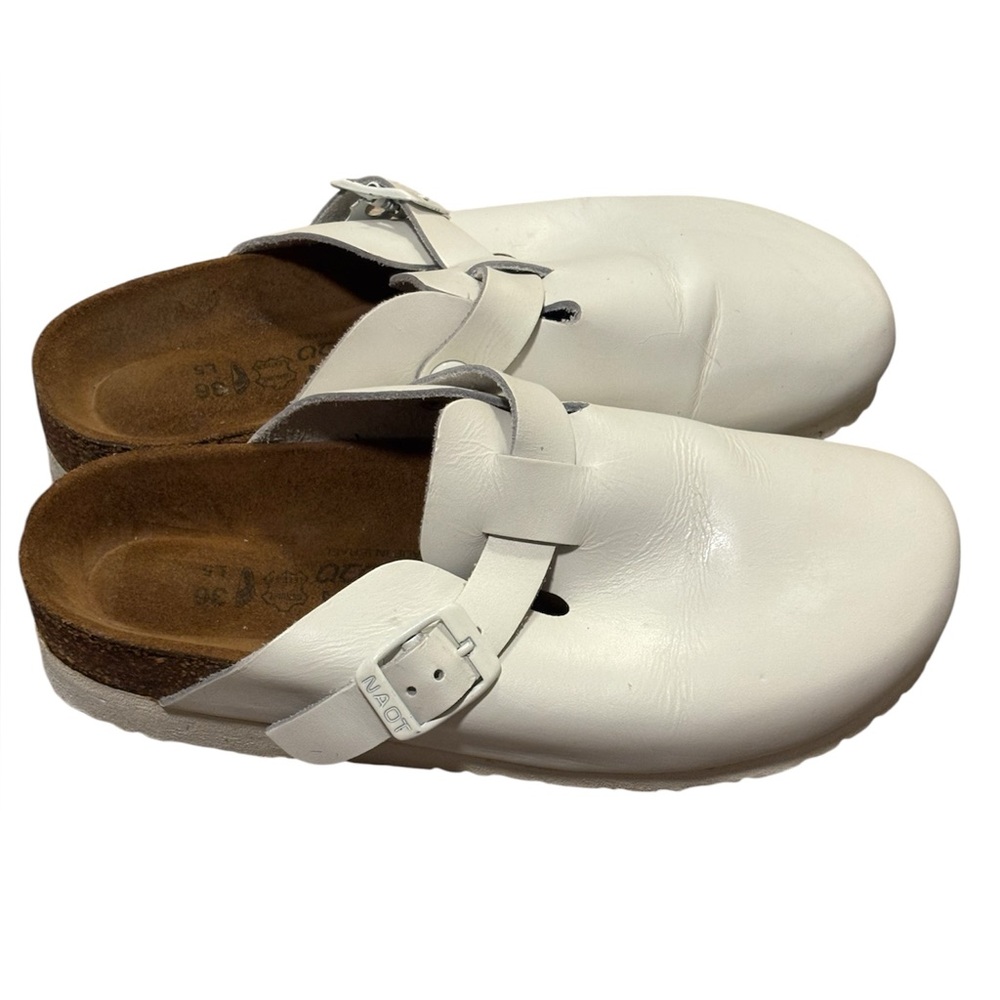 Naot White Leather Boston Clogs with Buckle